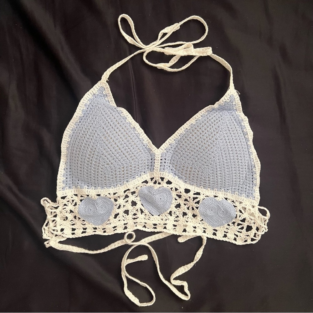 NEW Handmade Blue/White Crochet Bralette with Heart and Tie Details